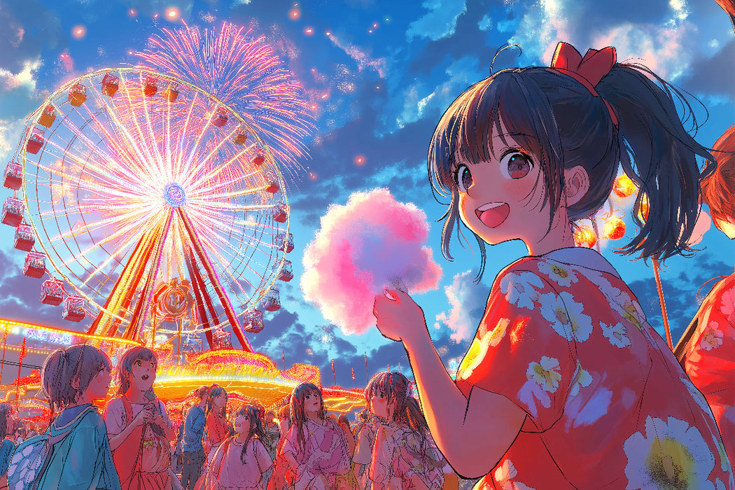 Premium Textil-Leinwand Kawaii Anime Sommerfest – Riesenrad und Feuerwerk in Shoujo-Stil mit Yukata