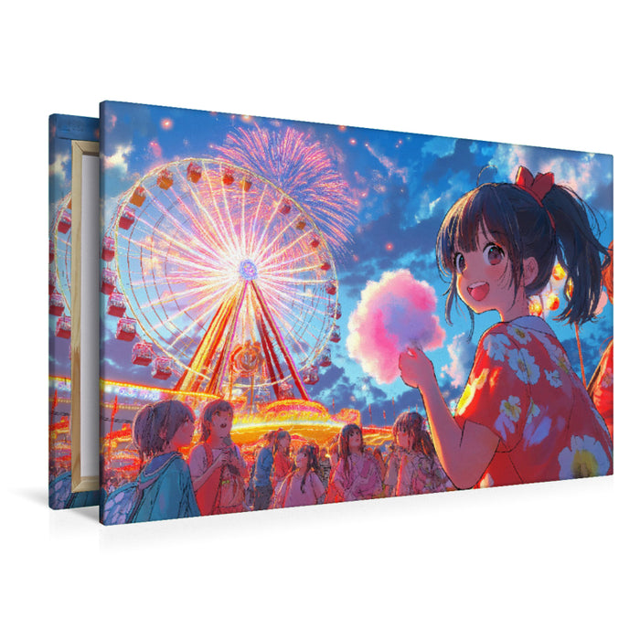 Premium Textil-Leinwand Kawaii Anime Sommerfest – Riesenrad und Feuerwerk in Shoujo-Stil mit Yukata