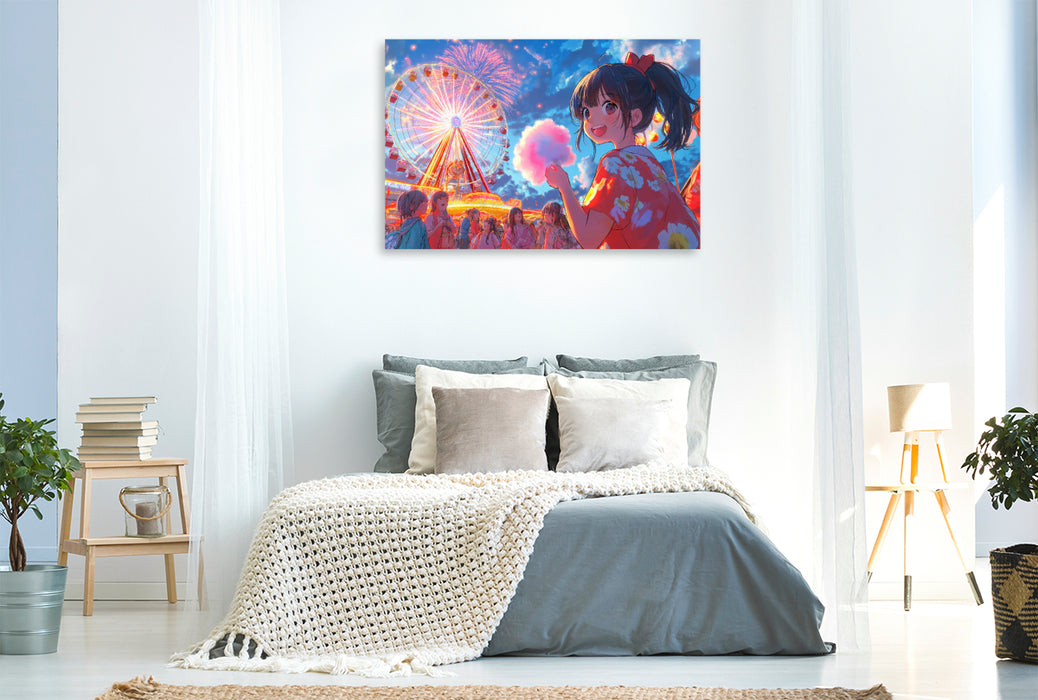 Premium Textil-Leinwand Kawaii Anime Sommerfest – Riesenrad und Feuerwerk in Shoujo-Stil mit Yukata