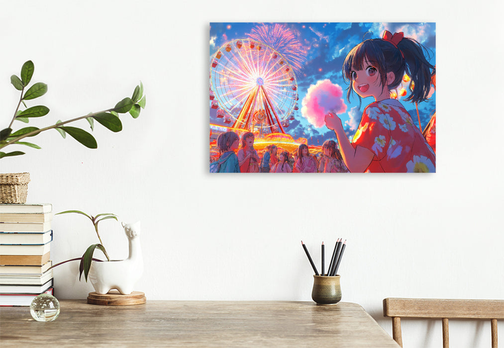 Premium Textil-Leinwand Kawaii Anime Sommerfest – Riesenrad und Feuerwerk in Shoujo-Stil mit Yukata