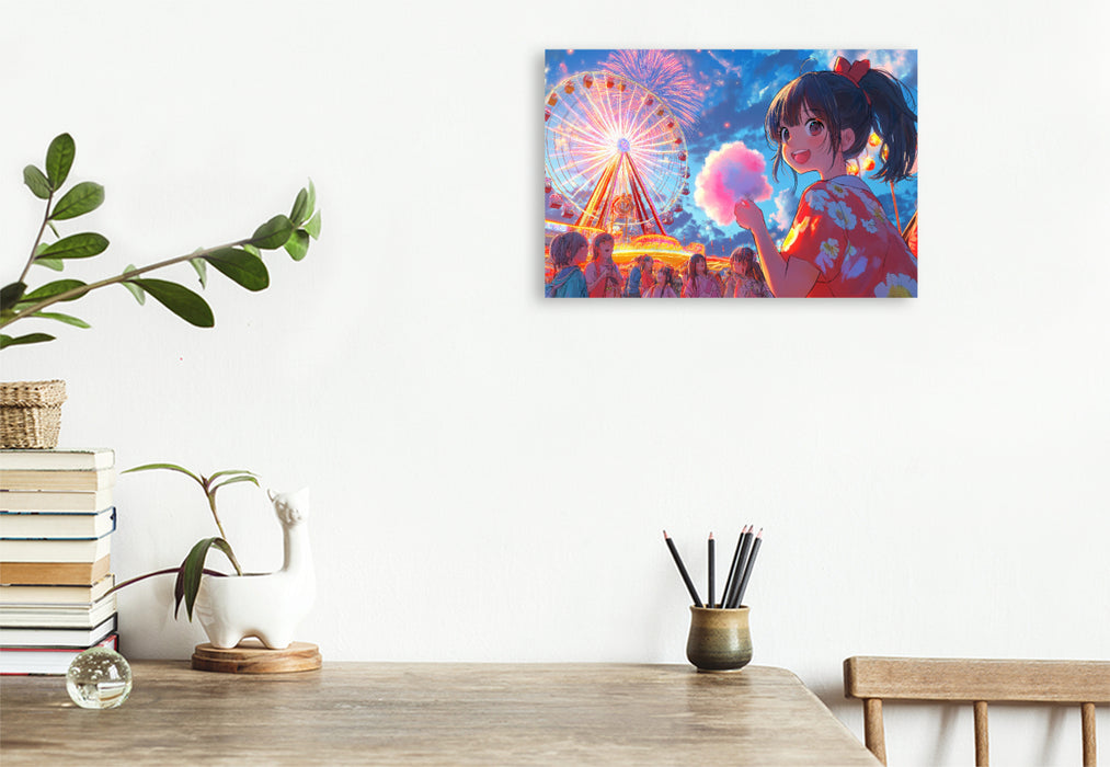 Premium Textil-Leinwand Kawaii Anime Sommerfest – Riesenrad und Feuerwerk in Shoujo-Stil mit Yukata