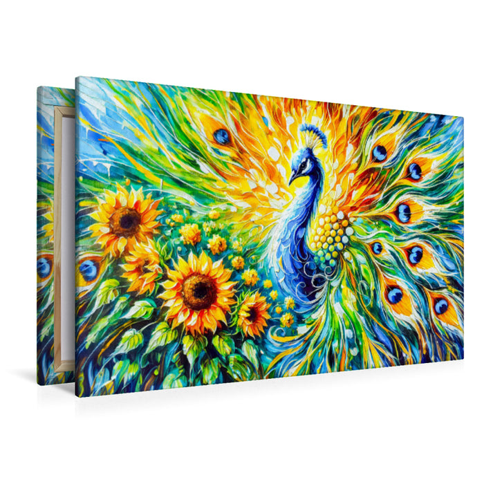 Premium Textil-Leinwand Abstrakter Pfau mit Sonnenblumen in farbenfroher Ölmalerei