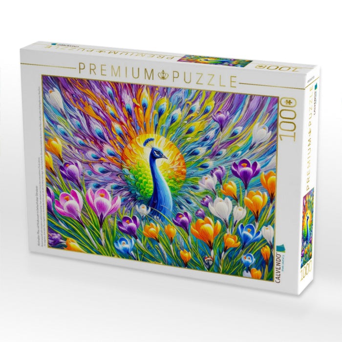 Abstrakter Pfau mit Krokussen in farbenfroher Ölmalerei - CALVENDO Foto-Puzzle'