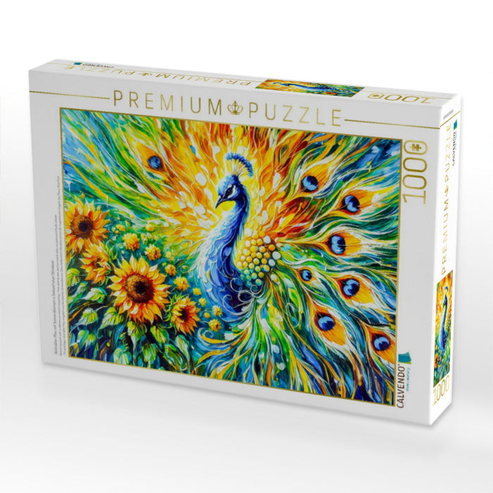 Abstrakter Pfau mit Sonnenblumen in farbenfroher Ölmalerei - CALVENDO Foto-Puzzle'