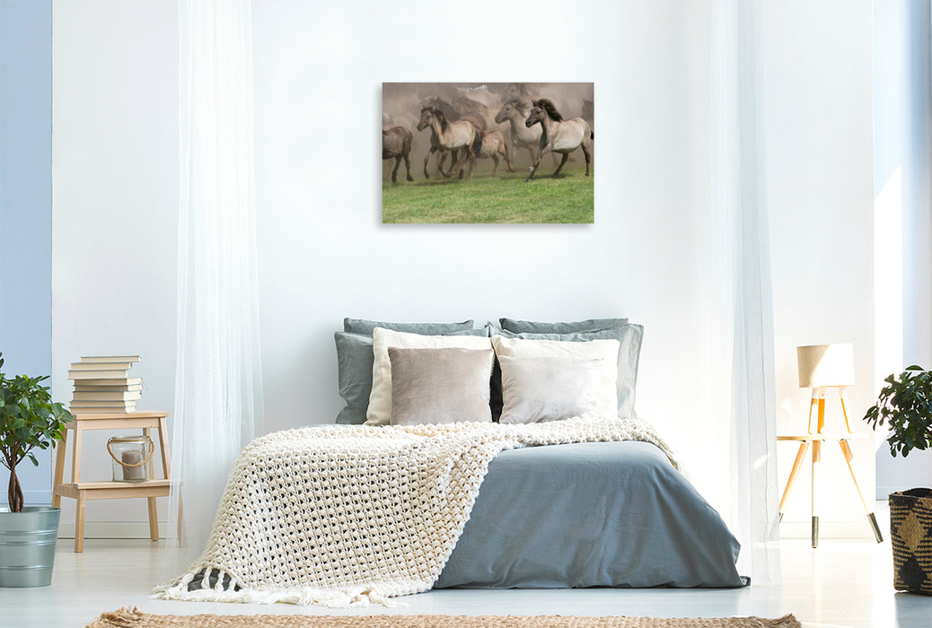 Premium textile canvas wild horses entering the arena 