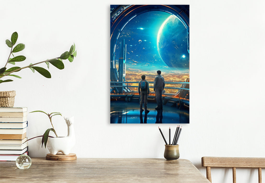 Premium textile canvas father and son on a space station 