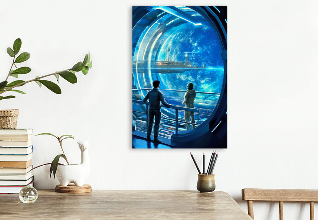 Premium textile canvas space station over a planet 