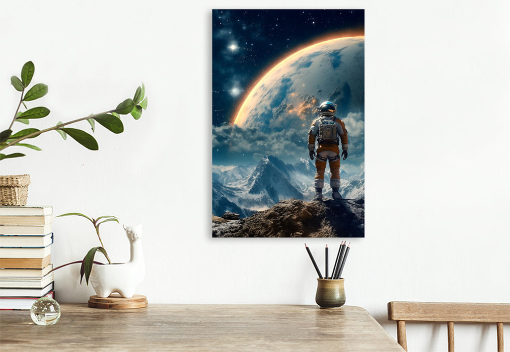 Premium textile canvas summiteer - astronaut on the summit of a foreign mountain 