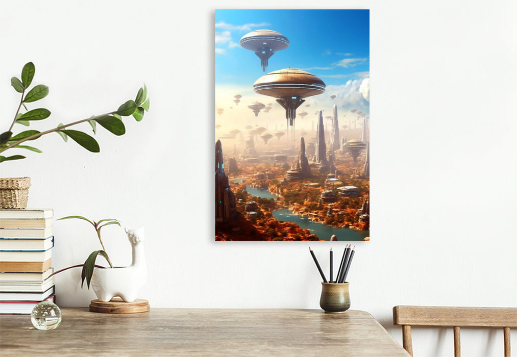 Premium textile canvas Departure - alien spaceships taking off 