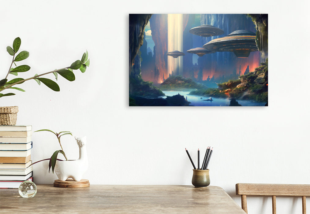 Premium textile canvas cave city on an alien planet 