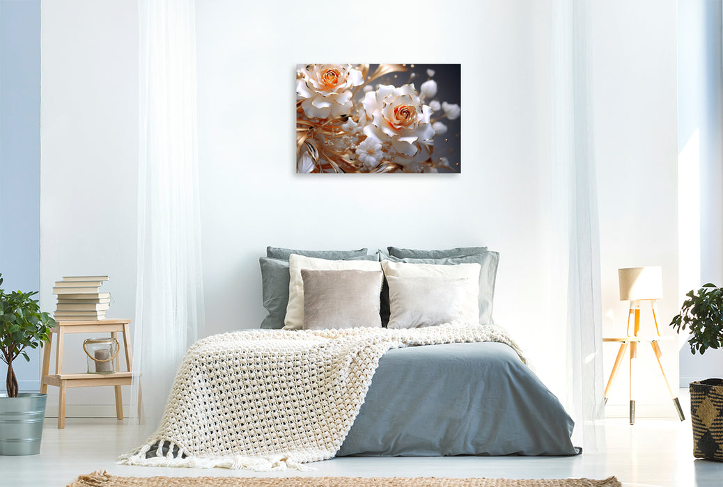 Premium textile canvas Elegant roses in white and gold 