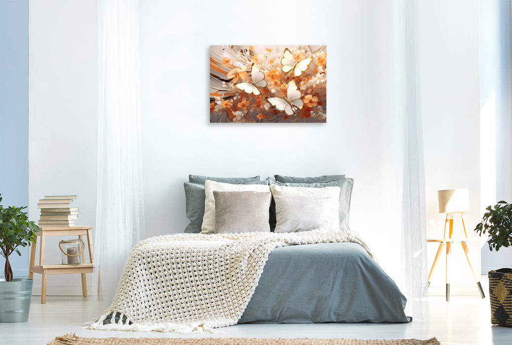 Premium textile canvas butterflies on elegant flowers in orange and gold 