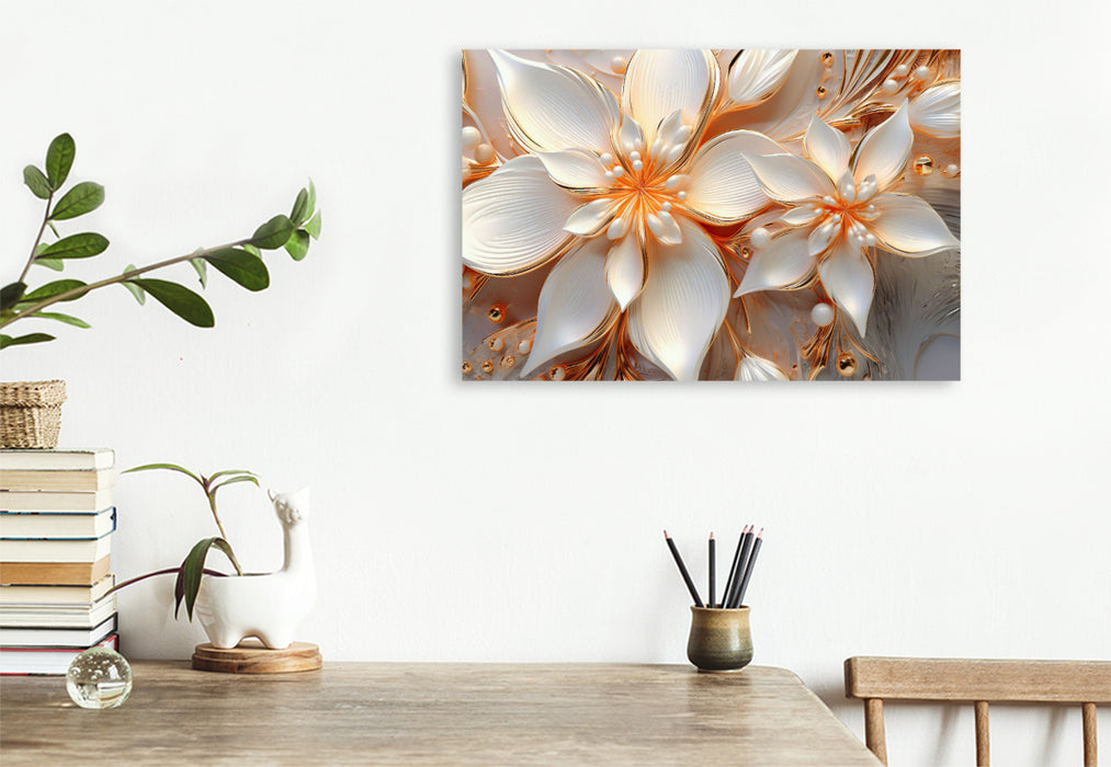 Premium textile canvas star dream - two elegant flowers in orange, white and gold 