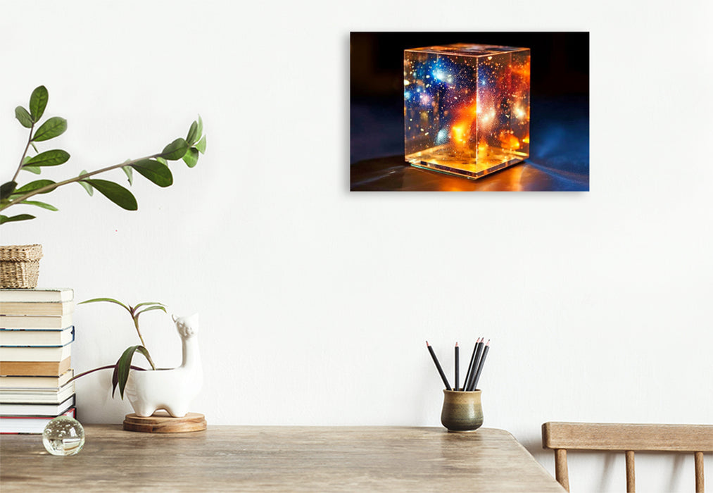 Premium textile canvas universe in a glass cube 