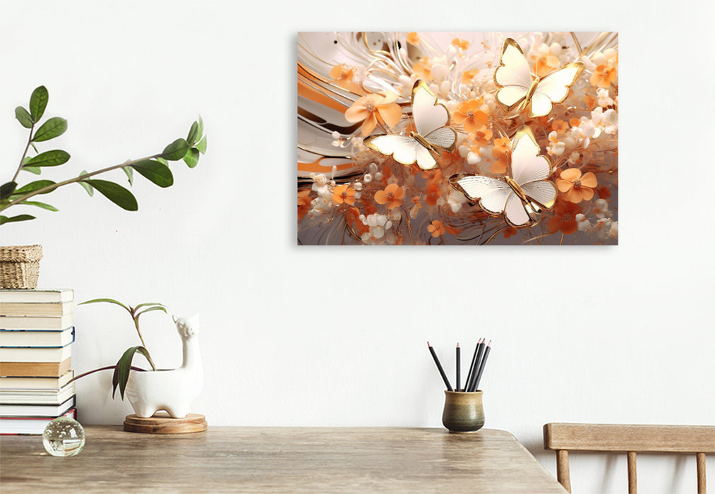 Premium textile canvas butterflies on elegant flowers in orange and gold 