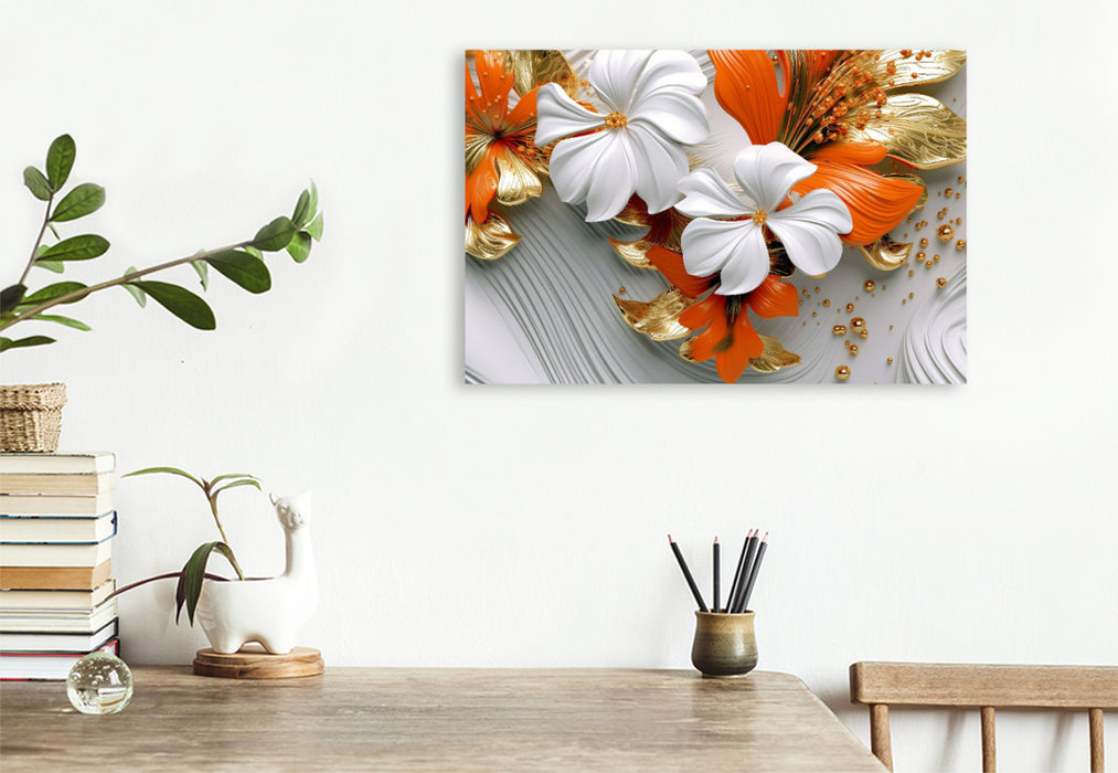 Premium textile canvas Elegant waves - elegant flowers in orange, gold and white 