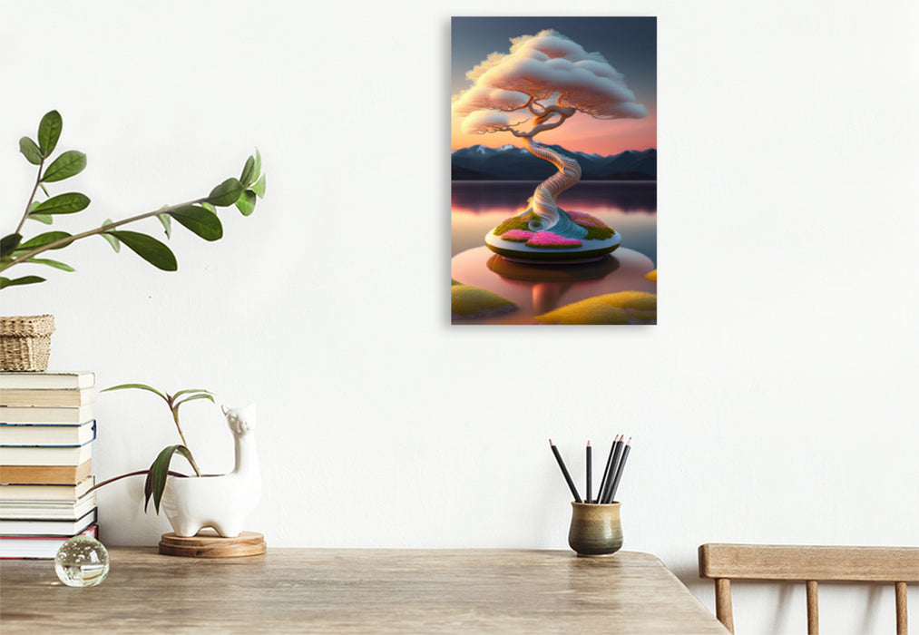 Premium textile canvas A white bonsai tree on a small island in the lake, created with AI 