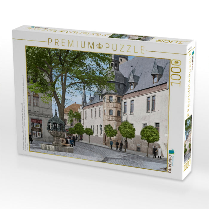 Aschersleben - Rathaus und Hennebrunnen um 1906 (aus Schwarzweiß) - CALVENDO Foto-Puzzle'