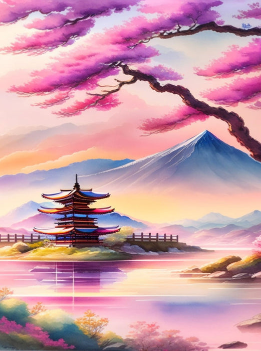 Japanische Landschaft, im Vordergrund blühende Mandelbäume. Erstellt mit KI - CALVENDO Foto-Puzzle'