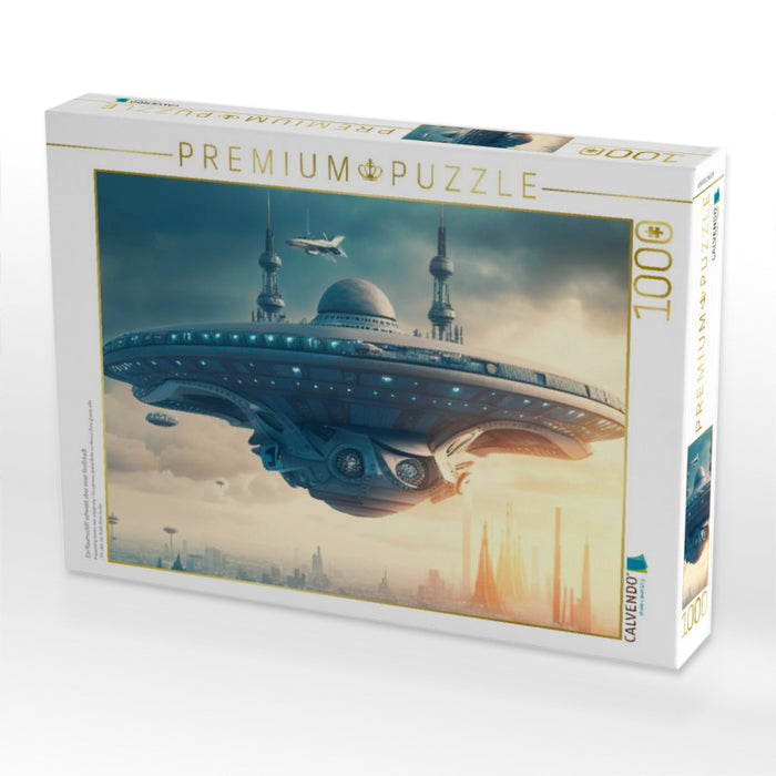 Ein Raumschiff schwebt über einer Großstadt - CALVENDO Foto-Puzzle'
