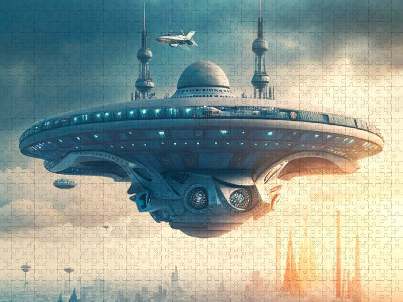 Ein Raumschiff schwebt über einer Großstadt - CALVENDO Foto-Puzzle'
