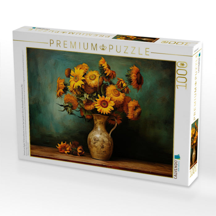 "12 tournesols dans un vase" de Vincent van Gogh peints dans le style de Rembrandt Harmenszoon van Rijn - Puzzle photo CALVENDO 