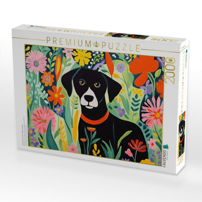 Schwarzer Hund im Blumenmeer - CALVENDO Foto-Puzzle'