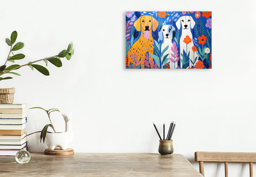 Premium Textil-Leinwand Drei Hunde sitzen zwischen Blumen im Garten