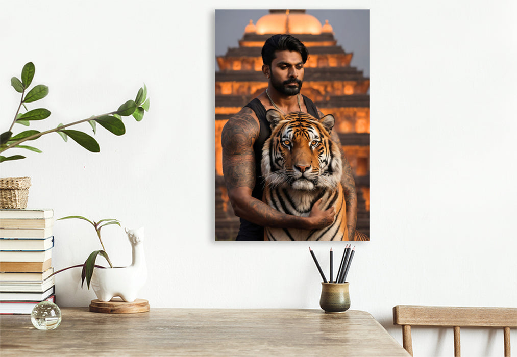 Premium Textil-Leinwand Inder mit beeindruckendem Tiger vor beleuchtetem Tempel