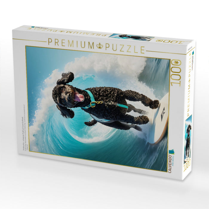 Pudelsurfen - schwarzer Pudel auf einem Surfbrett - CALVENDO Foto-Puzzle'
