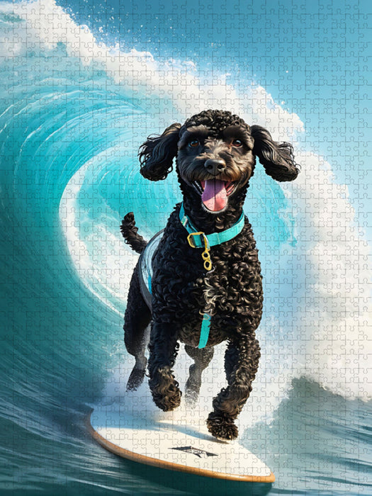Pudelsurfen - schwarzer Pudel auf einem Surfbrett - CALVENDO Foto-Puzzle'