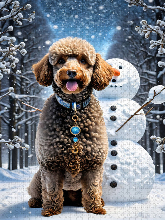 Pudelwinter - Pudel vor einem Schneemann - CALVENDO Foto-Puzzle'
