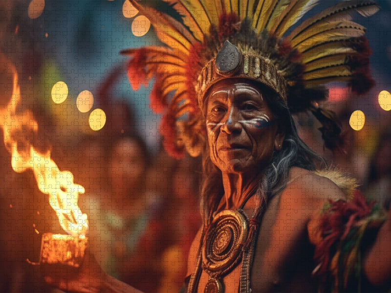 Feuerschatten: Indianischer Häuptling in mächtiger Beschwörung - CALVENDO Foto-Puzzle'