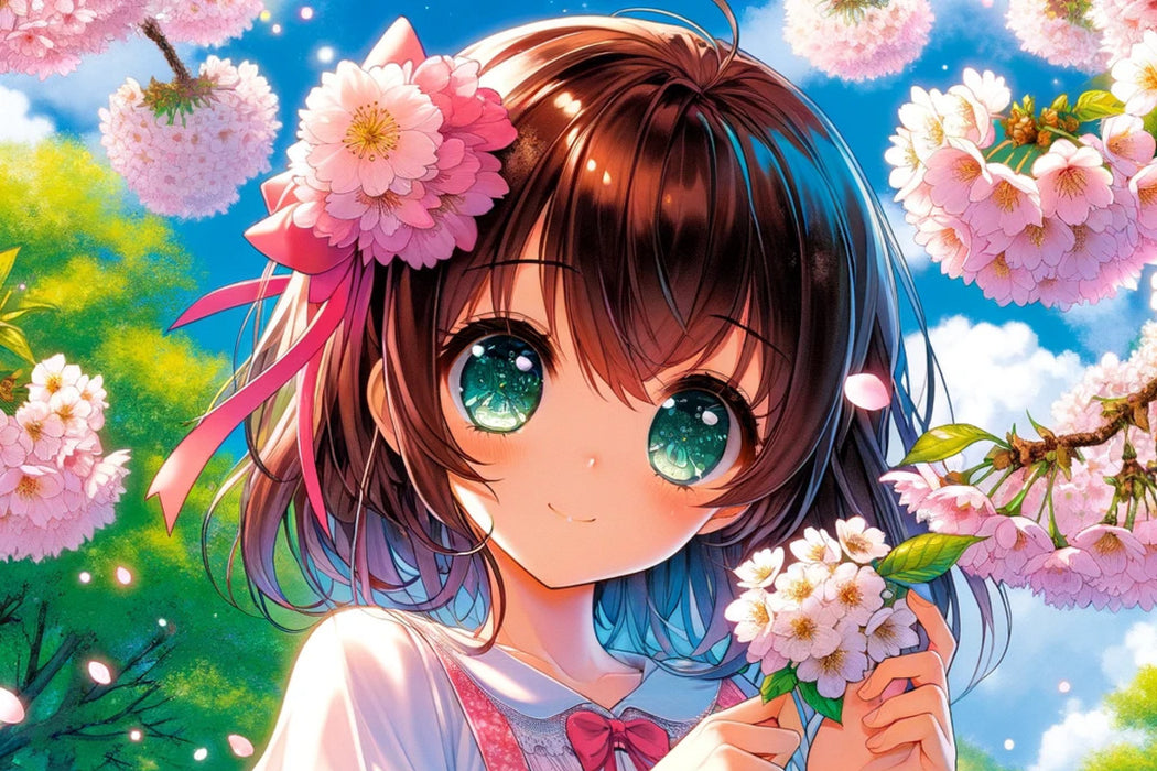 Premium Textil-Leinwand Blütenträume - Ein Manga-Mädchen in einem Frühlingskleid