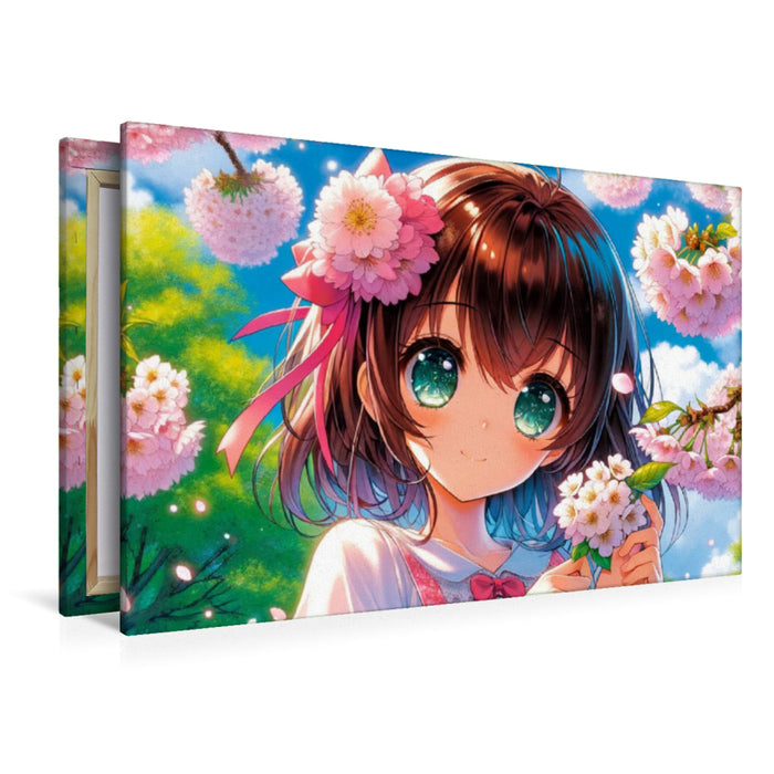 Premium Textil-Leinwand Blütenträume - Ein Manga-Mädchen in einem Frühlingskleid