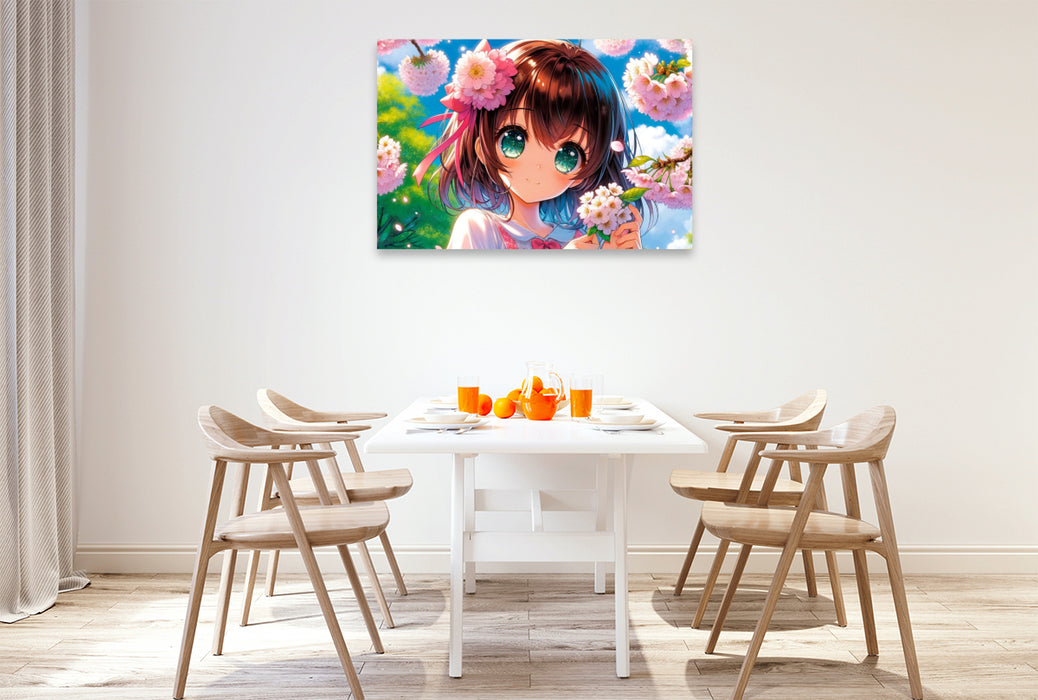 Premium Textil-Leinwand Blütenträume - Ein Manga-Mädchen in einem Frühlingskleid