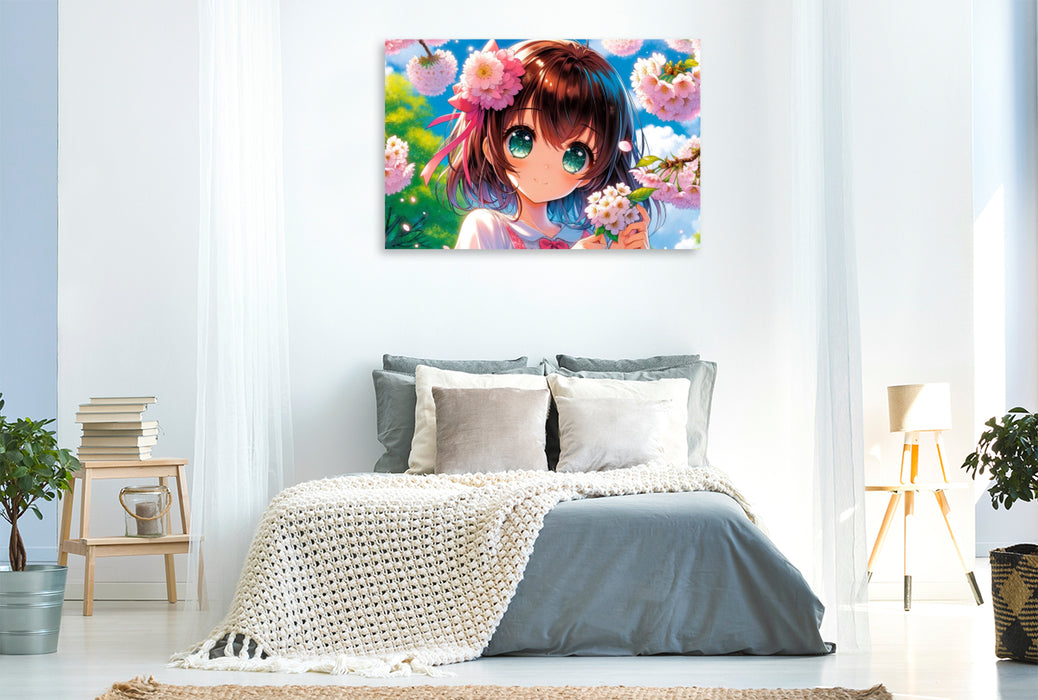 Rêves de fleurs en toile textile premium - une fille manga dans une robe printanière 