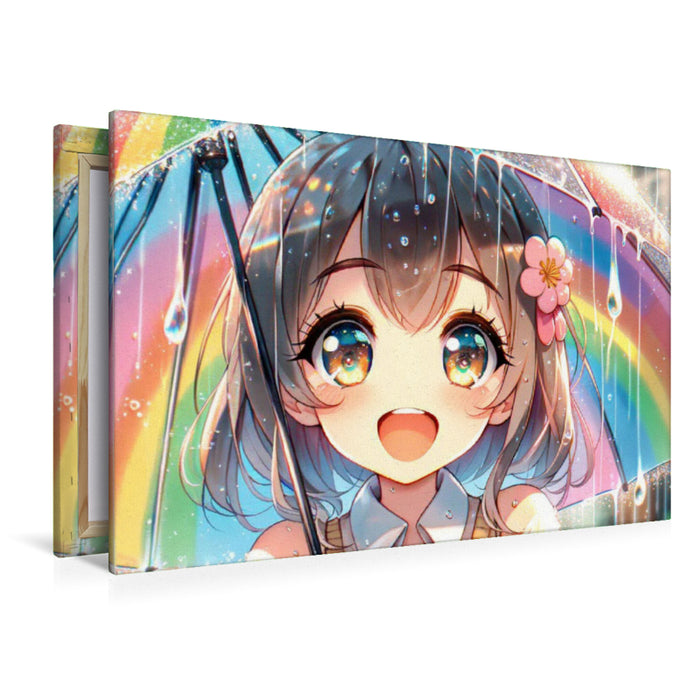Premium Textil-Leinwand Manga Mädchen - Regenbogenfreude unter Tropfen