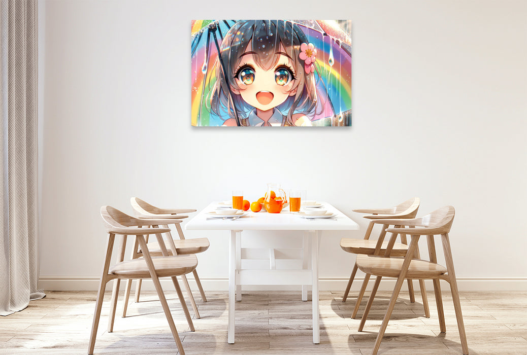 Premium Textil-Leinwand Manga Mädchen - Regenbogenfreude unter Tropfen