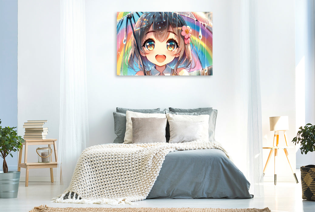Toile textile premium manga girl - joie arc-en-ciel parmi les gouttes 