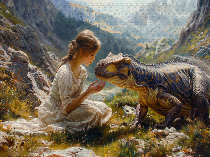 Streicheleinheiten - junge Frau und Dinosaurier - CALVENDO Foto-Puzzle'