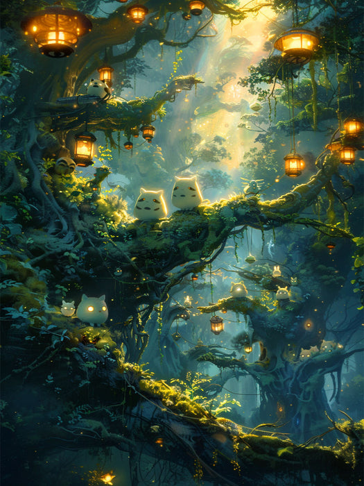 Nachts im Wald - Waldgeister im Anime Stil - CALVENDO Foto-Puzzle'