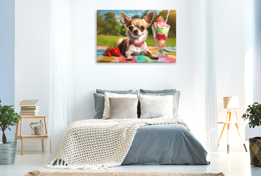 Premium Textil-Leinwand Chihuahua liegt auf einer bunten Decke im Park, vor sich einen großen leckeren Eisbecher