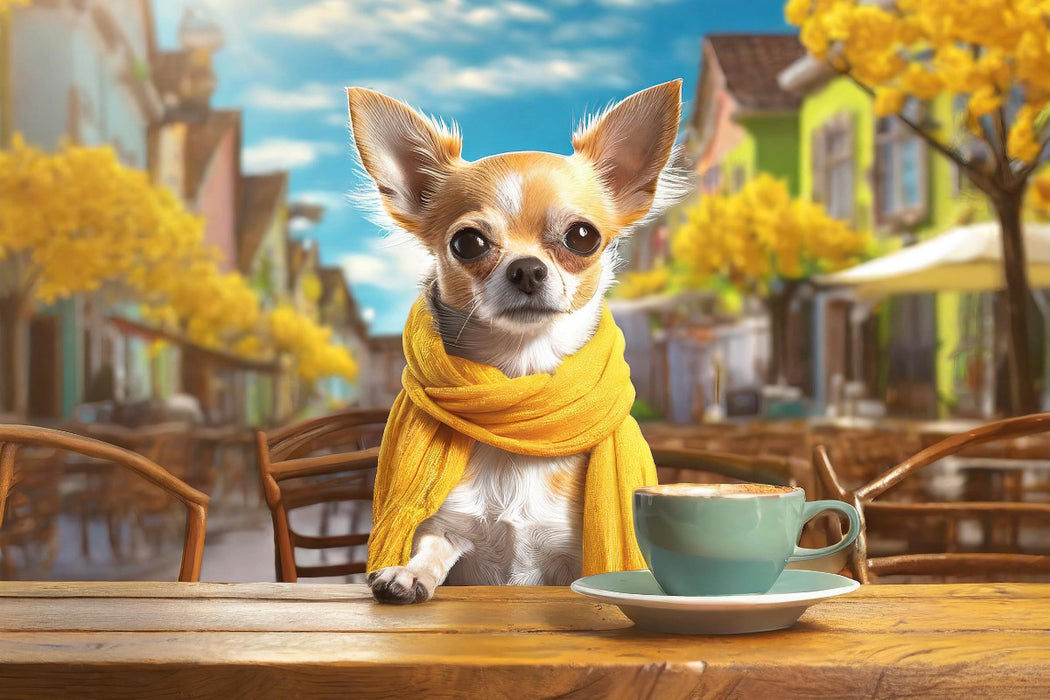 Premium Textil-Leinwand Chihuahua sitzt im Straßencafe vor einer großen Tasse Kaffee in der Sonne