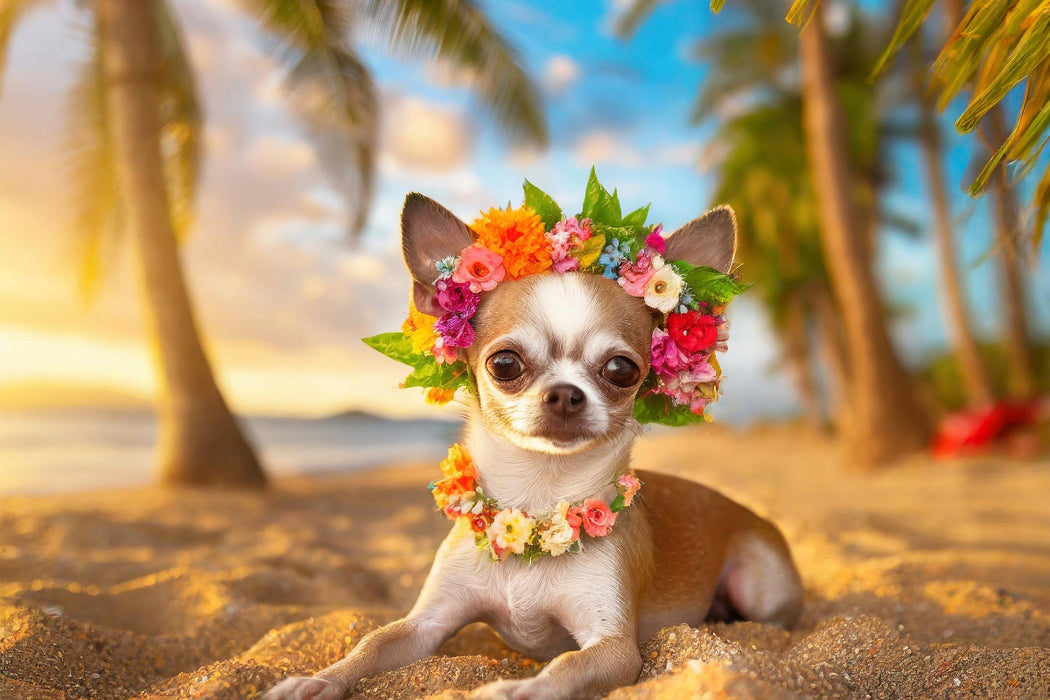 Premium Textil-Leinwand Chihuahua mit einem Blütenkranz liegt am Strand im Sonnenuntergang