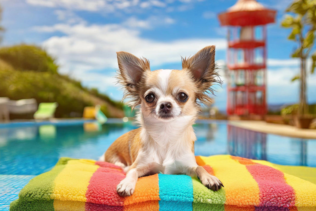 Premium Textil-Leinwand Chihuahua liegt im Schwimmbad auf einer bunten Decke