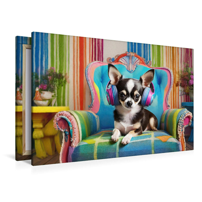 Premium Textil-Leinwand Chihuahua mit Kopfhörern liegt auf einem bunten Sessel