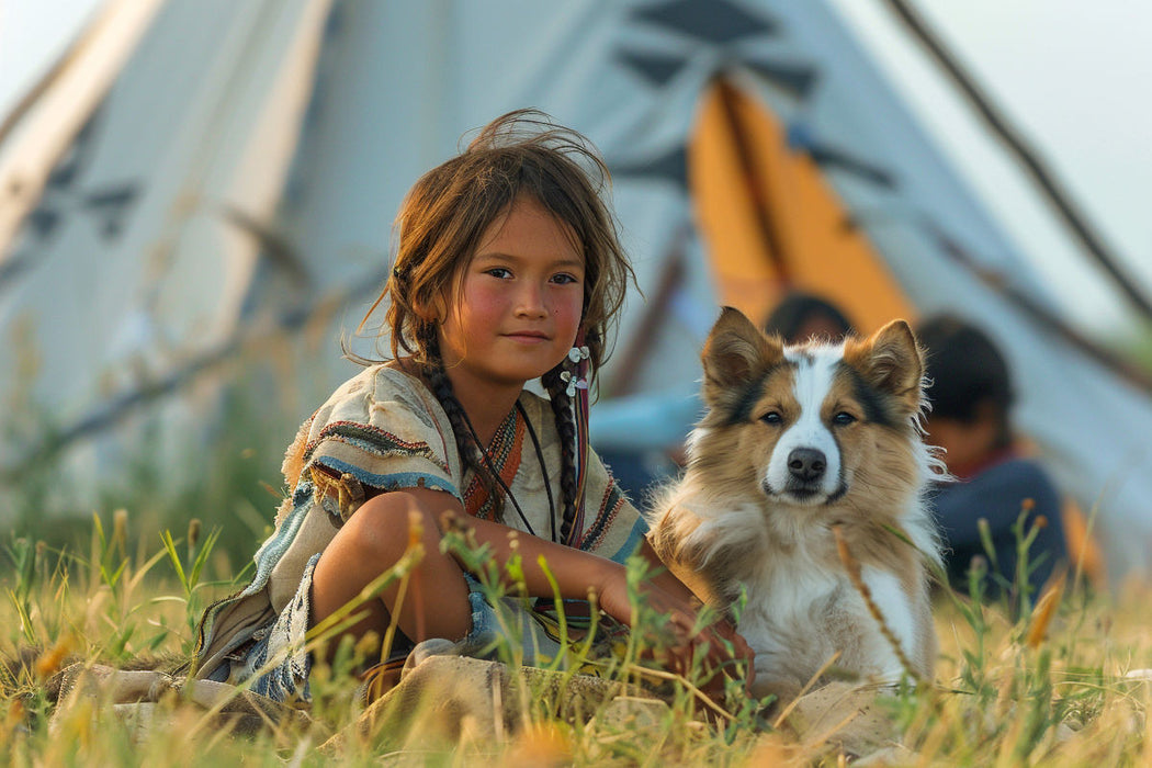 Premium Textil-Leinwand Spielgefährten - Indianisches Kind und Hund