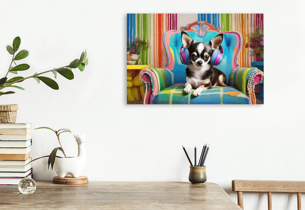 Premium Textil-Leinwand Chihuahua mit Kopfhörern liegt auf einem bunten Sessel