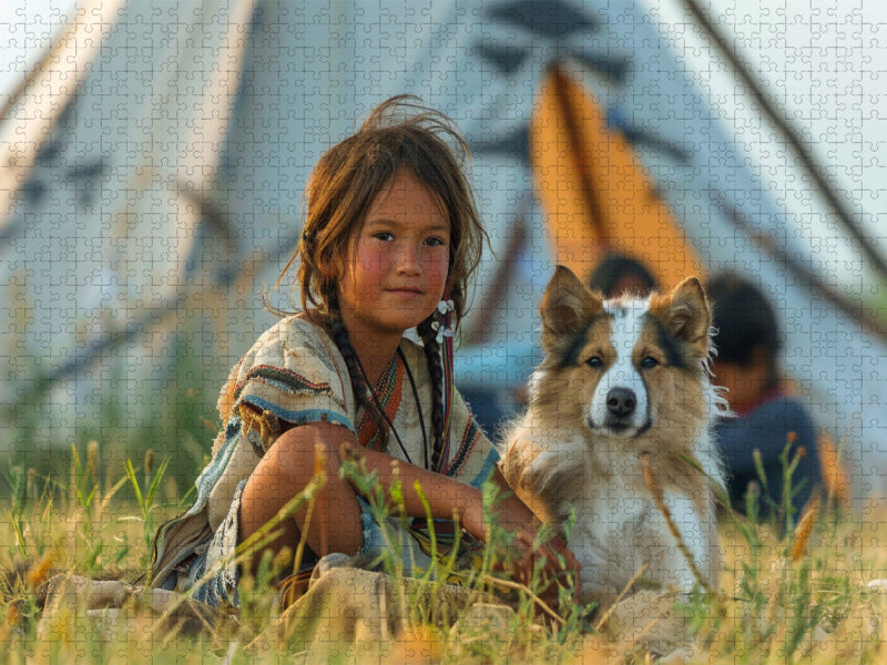 Spielgefährten - Indianisches Kind und Hund - CALVENDO Foto-Puzzle'